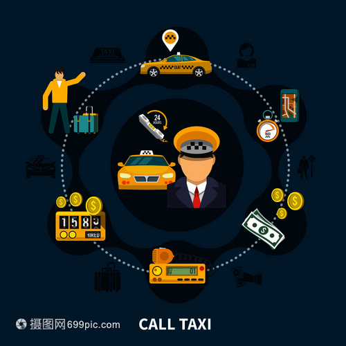 出租車圓形剪影圖標 汽車服務廣告中的視覺符號與人本關懷